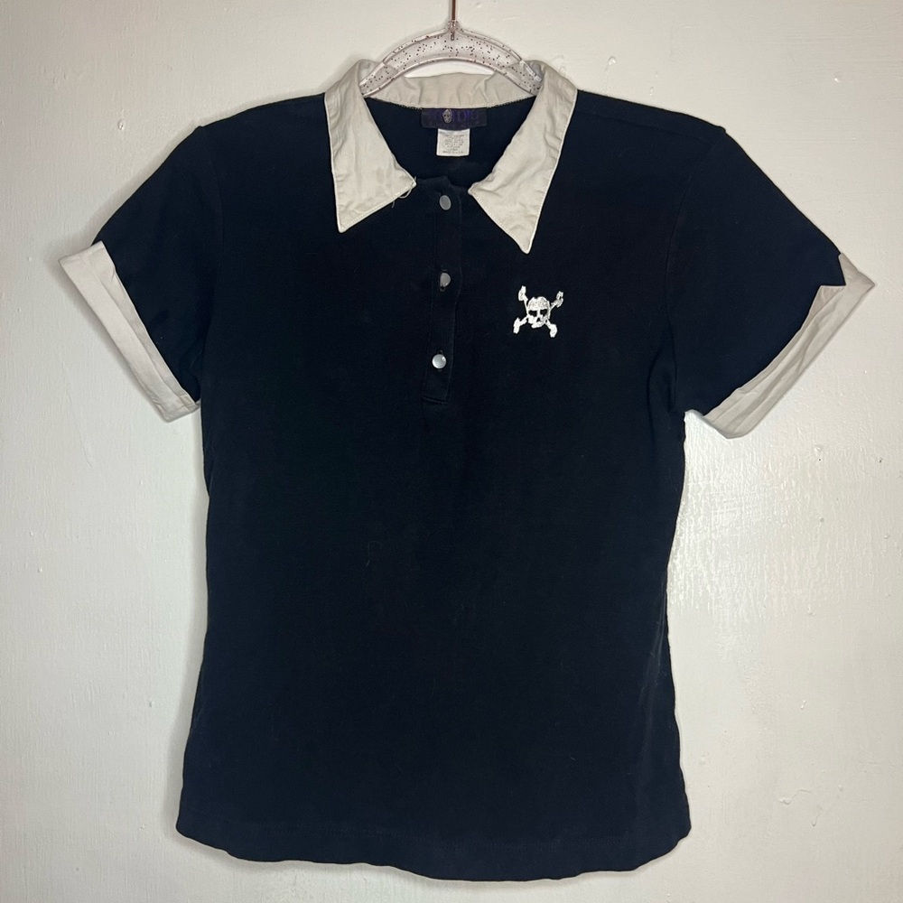 Torrid Black and White Polo Shirt with Skull Embroidery